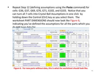 Repeat Step 12 (defining assumptions using the  Paste  command) for cells: G36, G37, G69, G70, G71, G102, and G103.  Notice that you can turn all 7 cells into Crystal Ball Assumptions in one click  by holding down the Control (Ctrl) key as you select them.  The worksheet PART DIMENSIONS should now look like  Figure 6 ; indicating you’ve defined the assumptions for all the parts which you do  not  have data for. Figure 6.  For new parts without data, this is what the worksheet should look like.  