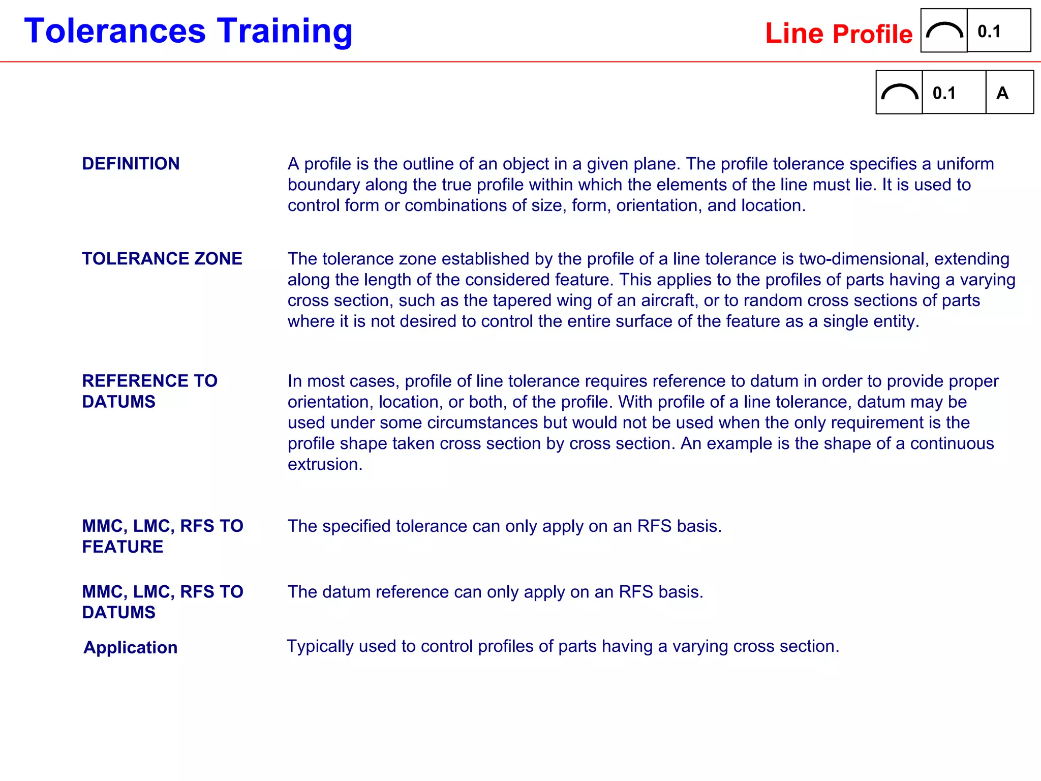 DEFINITION A profile is the outline of an object in a given plane. The profile tolerance specifies a uniform boundary along the true profile within which the elements of the line must lie. It is used to control form or combinations of size, form, orientation, and location. TOLERANCE ZONE The tolerance zone established by the profile of a line tolerance is two-dimensional, extending along the length of the considered feature. This applies to the profiles of parts having a varying cross section, such as the tapered wing of an aircraft, or to random cross sections of parts where it is not desired to control the entire surface of the feature as a single entity.  REFERENCE TO DATUMS In most cases, profile of line tolerance requires reference to datum in order to provide proper orientation, location, or both, of the profile. With profile of a line tolerance, datum may be used under some circumstances but would not be used when the only requirement is the profile shape taken cross section by cross section. An example is the shape of a continuous extrusion.  MMC, LMC, RFS TO FEATURE The specified tolerance can only apply on an RFS basis.  MMC, LMC, RFS TO DATUMS The datum reference can only apply on an RFS basis.  Application Typically used to control profiles of parts having a varying cross section.  Line  Profile 0.1 0.1 A 