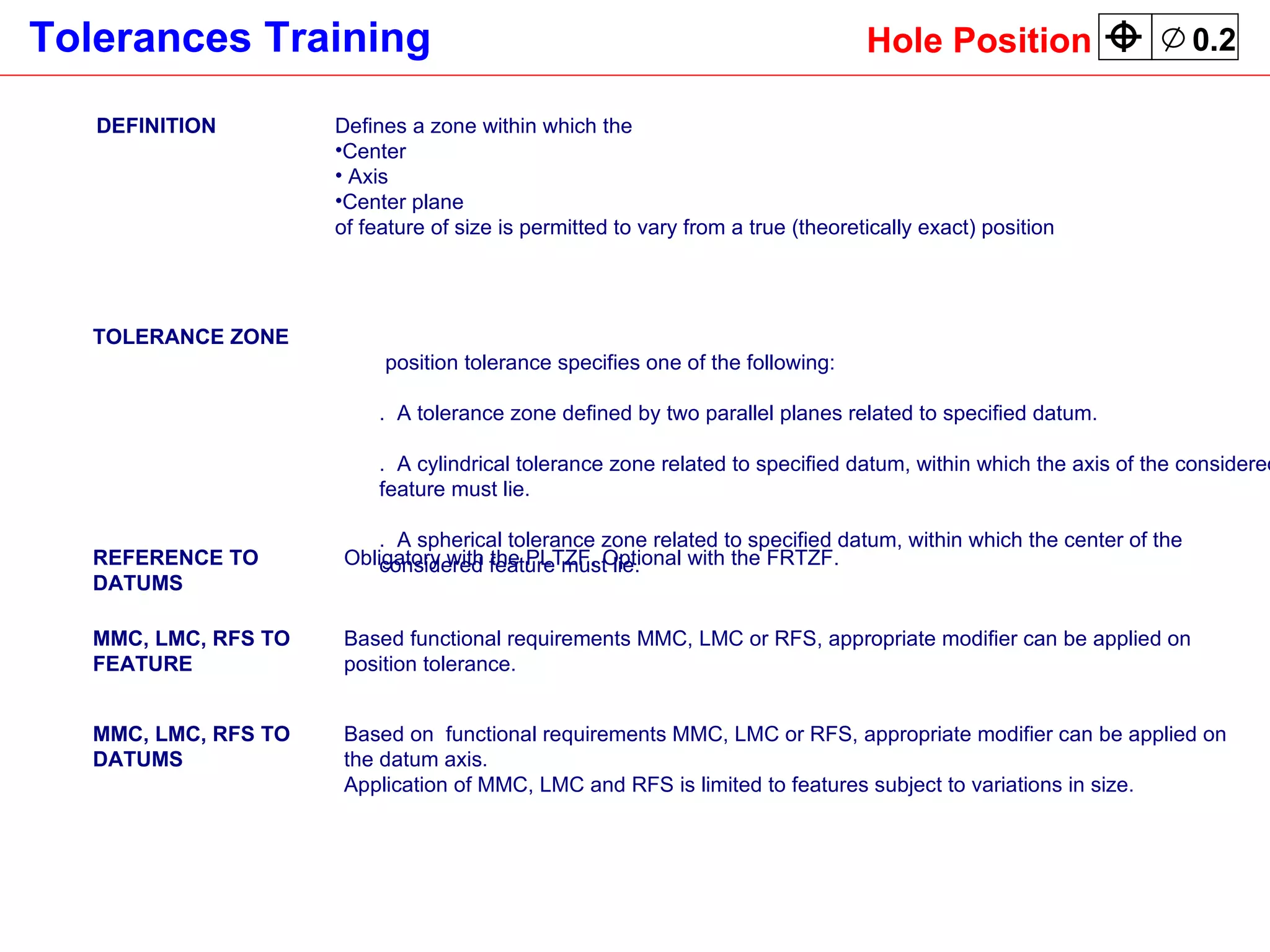 DEFINITION Defines a zone within which the Center Axis Center plane  of feature of size is permitted to vary from a true (theoretically exact) position TOLERANCE ZONE A position tolerance specifies one of the following:  1.  A tolerance zone defined by two parallel planes related to specified datum. 2.  A cylindrical tolerance zone related to specified datum, within which the axis of the considered feature must lie. 3.  A spherical tolerance zone related to specified datum, within which the center of the considered feature must lie. REFERENCE TO DATUMS Obligatory with the PLTZF. Optional with the FRTZF. MMC, LMC, RFS TO FEATURE Based functional requirements MMC, LMC or RFS, appropriate modifier can be applied on position tolerance.  MMC, LMC, RFS TO DATUMS Based on  functional requirements MMC, LMC or RFS, appropriate modifier can be applied on the datum axis.  Application of MMC, LMC and RFS is limited to features subject to variations in size. Hole Position 0.2 