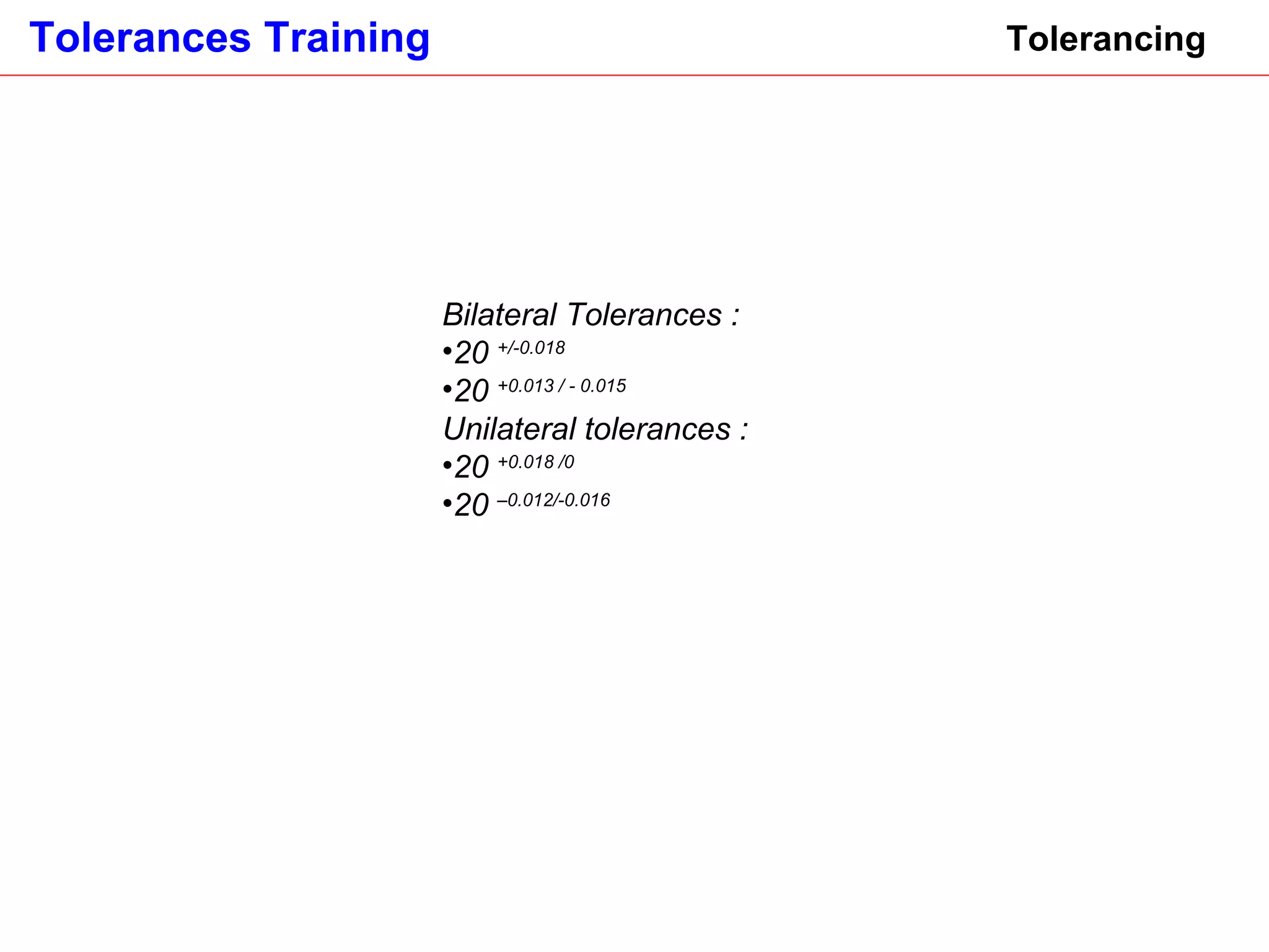 Tolerancing Bilateral Tolerances :  20  +/-0.018 20  +0.013 / - 0.015  Unilateral tolerances : 20  +0.018 /0  20  –0.012/-0.016  