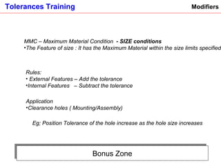 Bonus Zone Modifiers MMC – Maximum Material Condition   - SIZE conditions The Feature of size : It has the Maximum Material within the size limits specified  Rules: External Features – Add the tolerance  Internal Features  – Subtract the tolerance  Application Clearance holes ( Mounting/Assembly) Eg; Position Tolerance of the hole increase as the hole size increases  