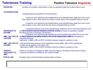 Position Tolerance  Angularity DEFINITION Condition of a surface, center plane, or axis at a specified angle from a datum plane or axis. TOLERANCE ZONE A angularity tolerance specifies one of the following:  1.       A tolerance zone defined by two parallel planes at the specified basic angle from one or more datum planes or axis, within which the surface or center plane of the considered feature must lie. 2.       A tolerance zone defined by two parallel planes at the specified basic angle from one or more datum planes or axis, within which the axis ot the considered feature must lie. 3.       A cylindrical tolerance zone at the specified basic angle from one or more datum planes or axis, within which the axis of the considered feature must lie. 4.       A tolerance zone defined by two parallel lines at the specified basic angle from one or more datum planes or axis, within which the line element of the surface must lie. REFERENCE TO DATUMS One or more datum features. Relation to more than one datum feature is specified to stabilize the tolerance zone in more then one direction. MMC, LMC, RFS TO FEATURE Based on functional requirements MMC, LMC or RFS, appropriate modifier can be applied on angularity tolerance.  Application  of MMC, LMC and RFS is limited to features subject to variations in size. MMC, LMC, RFS TO DATUMS If the functional requirements of some applications require MMC, LMC or RFS, appropriate modifier can be applied on the datum axis. Application of MMC, LMC and RFS is limited to features subject to variations in size. PERFECT ANGULARITY AT MMC Where no variations of angularity at MMC size limit of feature, the feature control frame contains a zero for the tolerance, modified by the symbol for MMC. TYPICAL USE Typically used to control orientation between planes surfaces. 
