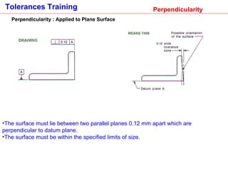 Perpendicularity The surface must lie between two parallel planes 0.12 mm apart which are perpendicular to datum plane.  The surface must be within the specified limits of size.   Perpendicularity : Applied to Plane Surface 