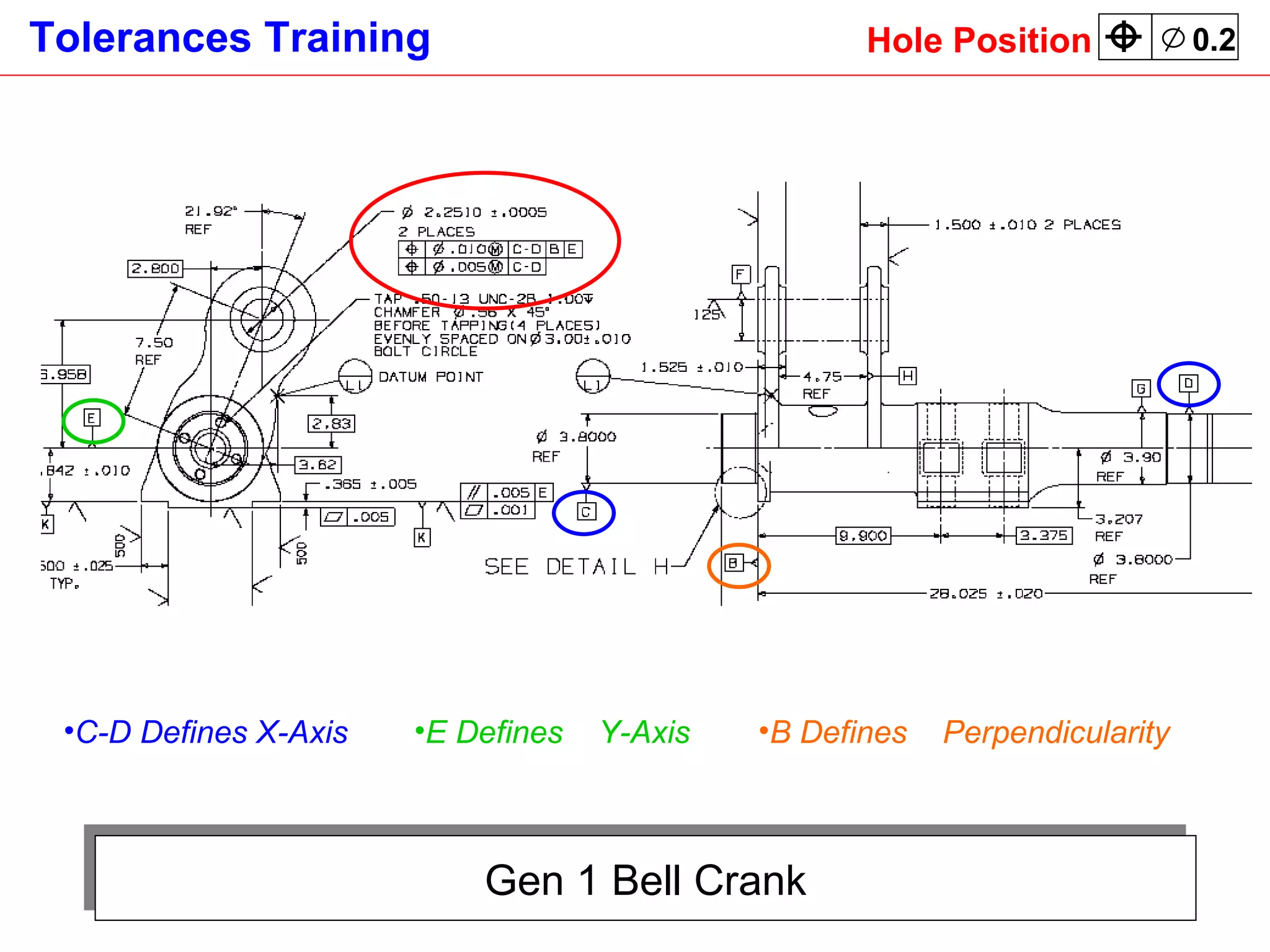 Gen 1 Bell Crank C-D Defines X-Axis E Defines  Y-Axis B Defines  Perpendicularity  Hole Position 0.2 