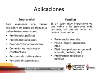 Aplicaciones
Empresarial
Para mantener una buena
relación y ambiente de trabajo se
deben tolerar cosas como:
• Preferencias políticas
• Preferencias religiosas.
• Posición/estado económico.
• Comentarios negativos o
constructivos.
• Personas de distinta etnia.
• Personas discapacitadas.
Familiar
Es un valor muy importante ya
que cubre a las personas más
cercanas, así que se tienen en
cuenta cosas como:
• Preferencias sexuales.
• Pareja (origen, apariencia,
etc.)
• Distintas opiniones en general
(comida, hobbies, etc.)
• Preferencias religiosas y
políticas.
 