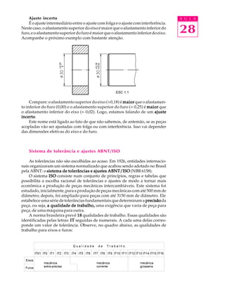 A U L A
28
Ajuste incerto
Éoajusteintermediárioentreoajustecomfolgaeoajustecominterferência.
Nestecaso,oafastamentosuperiordoeixoémaiorqueoafastamentoinferiordo
furo,eoafastamentosuperiordofuroémaiorqueoafastamentoinferiordoeixo.
Acompanhe o próximo exemplo com bastante atenção.
Compare: o afastamento superior do eixo (+0,18) é maiormaiormaiormaiormaior que o afastamen-
to inferior do furo (0,00) e o afastamento superior do furo (+ 0,25) é maiormaiormaiormaiormaior que
o afastamento inferior do eixo (+ 0,02). Logo, estamos falando de um ajusteajusteajusteajusteajuste
incertoincertoincertoincertoincerto.
Este nome está ligado ao fato de que não sabemos, de antemão, se as peças
acopladas vão ser ajustadas com folga ou com interferência. Isso vai depender
das dimensões efetivas do eixo e do furo.
Sistema de tolerância e ajustes ABNT/ISO
As tolerâncias não são escolhidas ao acaso. Em 1926, entidades internacio-
nais organizaram um sistema normalizado que acabou sendo adotado no Brasil
pela ABNT: o sistema de tolerâncias e ajustes ABNT/ISOsistema de tolerâncias e ajustes ABNT/ISOsistema de tolerâncias e ajustes ABNT/ISOsistema de tolerâncias e ajustes ABNT/ISOsistema de tolerâncias e ajustes ABNT/ISO (NBR 6158).
O sistema ISOISOISOISOISO consiste num conjunto de princípios, regras e tabelas que
possibilita a escolha racional de tolerâncias e ajustes de modo a tornar mais
econômica a produção de peças mecânicas intercambiáveis. Este sistema foi
estudado, inicialmente, para a produção de peças mecânicas com até 500 mm de
diâmetro; depois, foi ampliado para peças com até 3150 mm de diâmetro. Ele
estabeleceumasériedetolerânciasfundamentaisquedeterminama precisãoprecisãoprecisãoprecisãoprecisãoda
peça, ou seja, a qualidade de trabalho,a qualidade de trabalho,a qualidade de trabalho,a qualidade de trabalho,a qualidade de trabalho, uma exigência que varia de peça para
peça, de uma máquina para outra.
A norma brasileira prevê 1818181818 qualidades de trabalho. Essas qualidades são
identificadas pelas letras: ITITITITIT seguidas de numerais. A cada uma delas corres-
ponde um valor de tolerância. Observe, no quadro abaixo, as qualidades de
trabalho para eixos e furos:
ESC 1:1
 