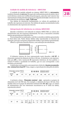 A U L A
28
Unidade de medida de tolerância - ABNT/ISO
A unidade de medida adotada no sistema ABNT/ISO é o micrometromicrometromicrometromicrometromicrometro,
também chamado de mícronmícronmícronmícronmícron.Ele equivale à milionésima parte do metro,isto é,
se dividirmos o metro em 1 milhão de partes iguais, cada uma vale 1 mícron. Sua
representaçãoédadapelaletragregaµ(mi)seguidadaletrammmmm. Um mícron vale
um milésimo de milímetro: 11111µµµµµmmmmm =0,001 mm0,001 mm0,001 mm0,001 mm0,001 mm.
Nas tabelas de tolerâncias fundamentais, os valores de qualidades de
trabalho são expressos em mícrons. Nas tabelas de ajustes recomendados todos
os afastamentos são expressos em mícrons.
Interpretação de tolerâncias no sistema ABNT/ISO
Quando a tolerância vem indicada no sistema ABNT/ISO, os valores dos
afastamentos não são expressos diretamente. Por isso, é necessário consultar
tabelas apropriadas para identificá-los.
Paraacompanharasexplicações,vocêdeveconsultarastabelasapresentadas
no final desta aula. Partes dessas tabelas estão reproduzidas no decorrer da
instrução,paraquevocêpossacompreendermelhoroqueestamosapresentando.
Observe o próximo desenho técnico, com indicação das tolerâncias:
O diâmetro interno do furo representado neste desenho é 40 H7.40 H7.40 H7.40 H7.40 H7. A
dimensão nominal do diâmetro do furo é 40 mm. A tolerância vem represen-
tada por H7;H7;H7;H7;H7; a letra maiúscula HHHHH representa tolerância de furo padrão; o
número 77777 indica a qualidade de trabalho, que no caso corresponde a uma
mecânica de precisão.
A tabela que corresponde a este ajuste tem o título de: Ajustes recomenda-Ajustes recomenda-Ajustes recomenda-Ajustes recomenda-Ajustes recomenda-
dos - sistema furo-base H7dos - sistema furo-base H7dos - sistema furo-base H7dos - sistema furo-base H7dos - sistema furo-base H7.Veja,aseguir,areproduçãodocabeçalhodatabela.
A primeira coluna - Dimensão nominalDimensão nominalDimensão nominalDimensão nominalDimensão nominal ----- mmmmmmmmmm - apresenta os grupos de
dimensões de 0 até 500 mm. No exemplo, o diâmetro do furo é 40 mm. Esta
medida situa-se no grupo de dimensão nominal entre 3030303030 e 4040404040. Logo, os valores
de afastamentos que nos interessam encontram-se na 9ª linha da tabela,
reproduzida abaixo:
ESC 1: 2
E I X O S
afastamento superior
afastamento inferior
E I X O S
afastamento superior
afastamento inferior
Furo
af. inf.
af. sup.
Furo
af. inf.
af. sup.
 