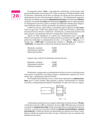 A U L A
28
Na segunda coluna - FuroFuroFuroFuroFuro - vem indicada a tolerância, variável para cada
grupodedimensões,dofurobase:H7.Volteaexaminara9ªlinhadatabela,onde
se encontra a dimensão de 40 mm; na direção da coluna do furo aparecem os
afastamentos do furo: 00000 (afastamento inferior) e + 25 (afastamento superior).
Note que nas tabelas que trazem afastamentos de furosafastamentos de furosafastamentos de furosafastamentos de furosafastamentos de furos o afastamento inferiorinferiorinferiorinferiorinferior,
em geral, vem indicado acimaacimaacimaacimaacima do afastamento superiorsuperiorsuperiorsuperiorsuperior. Isso se explica porque,
na usinagem de um furo, parte-se sempre da dimensão mínima para chegar a
uma dimensão efetiva, dentro dos limites de tolerância especificados.
Lembre-se de que, nesta tabela, as medidas estão expressas em mmmmmííííí cronscronscronscronscrons.
Uma vez que 1µm = 0,001 mm, então 25 µm = 0,025 mm. Portanto, a dimensão
máxima do furo é: 40 mm + 0,025 mm = 40,025 mm, e a dimensão mínima é 40
mm, porque o afastamento inferior é sempre 00000 no sistema furo-base.
Agora, só falta identificar os valores dos afastamentos para o eixo g6g6g6g6g6.
Observe novamente a 9ª linha da tabela anterior, na direção do eixo g6g6g6g6g6. Nesse
ponto são indicados os afastamentos do eixo: -25
-9
O superior - 99999µµµµµmmmmm, que é o
mesmo que - 0,009 mm0,009 mm0,009 mm0,009 mm0,009 mm. O afastamento inferior é ----- 2525252525 µµµµµm,m,m,m,m, que é igual a
- 0,0250,0250,0250,0250,025 mmmmmmmmmm. Acompanhe o cálculo da dimensão máxima do eixo:
Dimensão nominal: 40,000
Afastamento superior: - 0,009
Dimensão máxima: 39,991
E agora veja o cálculo da dimensão mínima do eixo:
Dimensão nominal: 40,000
Afastamento inferior: - 0,025
Dimensão mínima 39,975
Finalmente, comparando os afastamentos do furo e do eixo concluímos que
estas peças se ajustarão com folga, porque o afastamento superior do eixo é
menor que o afastamento inferior do furo.
No exemplo demonstrado, o eixo e o furo foram ajustados no sistema furo-sistema furo-sistema furo-sistema furo-sistema furo-
basebasebasebasebase, que é o mais comum. Mas quando o ajuste é representado no sistema
eixo-base, a interpretação da tabela é semelhante. É o que você vai ver, a seguir.
A dimensão nominal do eixo é igual à dimensão nominal do furo: 70 mm70 mm70 mm70 mm70 mm.
A tolerância do furo é J7J7J7J7J7 e a tolerância do eixo é h6h6h6h6h6. O hhhhh indica que se trata de
um ajuste no sistema eixo-base.sistema eixo-base.sistema eixo-base.sistema eixo-base.sistema eixo-base. Então, para identificar os afastamentos do eixo
e do furo, você deverá consultar a tabela de Ajustes recomendadosAjustes recomendadosAjustes recomendadosAjustes recomendadosAjustes recomendados ----- sistemasistemasistemasistemasistema
eixo-base h6.eixo-base h6.eixo-base h6.eixo-base h6.eixo-base h6. A tabela de ajustes recomendados no sistema eixo-base é seme-
lhante à tabela do sistema furo-base. O que a diferencia são as variações das
tolerâncias dos furos.
 