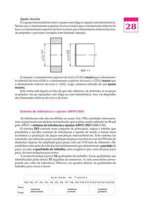 A U L A
28
Ajuste incerto
Éoajusteintermediárioentreoajustecomfolgaeoajustecominterferência.
Nestecaso,oafastamentosuperiordoeixoémaiorqueoafastamentoinferiordo
furo,eoafastamentosuperiordofuroémaiorqueoafastamentoinferiordoeixo.
Acompanhe o próximo exemplo com bastante atenção.
Compare: o afastamento superior do eixo (+0,18) é maiormaiormaiormaiormaior que o afastamen-
to inferior do furo (0,00) e o afastamento superior do furo (+ 0,25) é maiormaiormaiormaiormaior que
o afastamento inferior do eixo (+ 0,02). Logo, estamos falando de um ajusteajusteajusteajusteajuste
incertoincertoincertoincertoincerto.
Este nome está ligado ao fato de que não sabemos, de antemão, se as peças
acopladas vão ser ajustadas com folga ou com interferência. Isso vai depender
das dimensões efetivas do eixo e do furo.
Sistema de tolerância e ajustes ABNT/ISO
As tolerâncias não são escolhidas ao acaso. Em 1926, entidades internacio-
nais organizaram um sistema normalizado que acabou sendo adotado no Brasil
pela ABNT: o sistema de tolerâncias e ajustes ABNT/ISOsistema de tolerâncias e ajustes ABNT/ISOsistema de tolerâncias e ajustes ABNT/ISOsistema de tolerâncias e ajustes ABNT/ISOsistema de tolerâncias e ajustes ABNT/ISO (NBR 6158).
O sistema ISOISOISOISOISO consiste num conjunto de princípios, regras e tabelas que
possibilita a escolha racional de tolerâncias e ajustes de modo a tornar mais
econômica a produção de peças mecânicas intercambiáveis. Este sistema foi
estudado, inicialmente, para a produção de peças mecânicas com até 500 mm de
diâmetro; depois, foi ampliado para peças com até 3150 mm de diâmetro. Ele
estabeleceumasériedetolerânciasfundamentaisquedeterminama precisãoprecisãoprecisãoprecisãoprecisãoda
peça, ou seja, a qualidade de trabalho,a qualidade de trabalho,a qualidade de trabalho,a qualidade de trabalho,a qualidade de trabalho, uma exigência que varia de peça para
peça, de uma máquina para outra.
A norma brasileira prevê 1818181818 qualidades de trabalho. Essas qualidades são
identificadas pelas letras: ITITITITIT seguidas de numerais. A cada uma delas corres-
ponde um valor de tolerância. Observe, no quadro abaixo, as qualidades de
trabalho para eixos e furos:
ESC 1:1
 