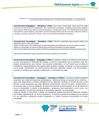 Elaborado por: Equipo Univ ersidad del Valle en desarrollo del Conv enio interadministrativ o de asociación No. 4143.0.27.016-2015
suscrito entre el Municipio de Santiago de Cali – Secretaría de Educación Municipal y la Univ ersidad del Valle
PAGE *
MERGEF
ORMAT
13
Conocimiento Pedagógico - Disciplinar (PCK): Hay muchas metodologías desde donde se puede
promover una educación por competencias; pero utilizaremos la estrategia pedagógica solución de problemas
por la riqueza dinámica que ofrece en la parte educativa; y la interacción de las Tics fortaleciendo los procesos
interpretativos,argumentativos y propositivos,que formaránestudiantes capaces de analizar,reflexionar,definir un
concepto y precisar su aplicación, solución, junto con la habilidad participativa cooperativa .
Conocimiento Tecnológico - Disciplinar (TCK): Utilizar el computador para presentar videos a los
estudiantes sobre el tema en cuestión.
Utilizar el video beam y los parlantes para realizar actividades que tengan que ver con los valores humanos.
Utilizar un computador con acceso a internet para fomentar la consulta en los temas tratados.
Hacer uso de páginas web como youtube, Colombia aprende para complementar el proceso de aprendizaje.
Usar algunas aplicaciones según vaya evolucionando el proyecto y se necesiten.
ConocimientoTecnológico - Pedagógico (TPK): El método a utilizar es el método constructivista,
ya que este postula la necesidad de entregar al alumno herramientas que le permitan crear sus
propios procedimientos para resolver una situación problemática, lo cual implica que sus ideas se
modifiquen y siga aprendiendo. Este además debe aprender a indagar, a explorar y a hacer un análisis
de su propio conocimiento. El constructivismo promueve destrezas sociales y de comunicación,
creando un ambiente que enfatiza la colaboración e intercambio de ideas.
Conocimiento Tecnológico - Pedagógico – Disciplinar (TPACK): nuestros estudiantes deberán
desarrollar por medio de situaciones problemáticas, diferentes formas de solución de los conflictos ;
para esto, presentarán un informe estadístico de los diferentes conflictos al interior del aula a nivel
familiar y social empleando para ellos diferentes herramientas como la encuesta , la observación o
la encuesta. para la correcta aplicación de estos instrumentos se hará necesario el uso de elementos
como el computador, el celular, la fotocopiadora y programas como powerpoint, word y excel , los
cuales incorpora o sirven para fortalecer el aprendizaje adquirido con anterioridad.
luego de recoger la información y realizar sus respectivos análisis conectará las diferentes variables
que inciden negativamente en forma constante en su entorno y generará estrategias de convivencia
en sus diferentes ambientes sociales empleando en ciertos momento herramientas de índole
tecnológico.
 