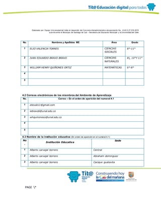 Elaborado por: Equipo Univ ersidad del Valle en desarrollo del Conv enio interadministrativ o de asociación No. 4143.0.27.016-2015
suscrito entre el Municipio de Santiago de Cali – Secretaría de Educación Municipal y la Univ ersidad del Valle
PAGE *
MERGEF
ORMAT
13
No. Nombres y Apellidos ME Área Grado
1 ELIO VALENCIA TORRES CIENCIAS
SOCIALES
8°-11°
2 IVAN EDUARDO BRAVO BRAVO CIENCIAS
NATURALES
8|, 10°Y 11°
3 WILLIAM HENRY QUIÑONES ORTIZ MATEMÁTICAS 6°-8°
4
5
4.2 Correos electrónicos de los miembros del Ambiente de Aprendizaje
No. Correo – En el orden de aparición del numeral 4.1
1 eliovato1@gmail.com
2 iebravob@unal.edu.co
3 whquinoneso@unal.edu.co
4
5
4.3 Nombre de la institución educativa (En orden de aparición en el numeral 4.1)
No
.
Institución Educativa
Sede
1 Alberto carvajal borrero Central
2 Alberto carvajal borrero Abraham dominguez
3 Alberto carvajal borrero Cacique guatavita
 