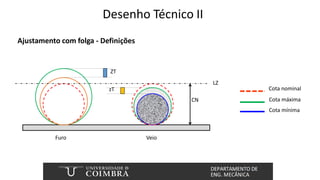 Desenho Técnico II
Ajustamento com folga - Definições
Furo Veio
CN
LZ
ZT
zT
Cota máxima
Cota mínima
Cota nominal
 
