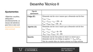 Desenho Técnico II
Ajustamentos Tipo de
ajustamento
Folga (F) Dimensão real do veio é menor que a dimensão real do furo
CMIN > cmax
Fmax = CMAX – cmin = DS – di
Fmin = CMIN - cmax = DI – ds
Aperto (A) Dimensão real do veio é maior que a dimensão real do furo
cmin > CMAX
Amax = cmax – CMIN = ds - DI
Amin = cmin - CMAX = di – DS
Incerto Dimensão real do furo pode ser maior ou menor que a
dimensão real do veio (folga ou aperto) => Amax ou Fmax
Não faz sentido falar em Aperto mínimo ou Folga mínima
-Objectivo: escolher,
adequada e
simultaneamente, as
classes de tolerância
para furo e veio num
ajustamento (mesma
cota nominal)
 