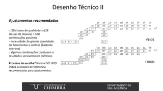 Desenho Técnico II
Ajustamentos recomendados
VEIOS
FUROS
- (20 classes de qualidade) x (28
classes de desvios) = 560
combinações possíveis
- necessidade de grande quantidade
de ferramentas e calibres (bastante
oneroso)
- algumas combinações conduzem a
resultados sensivelmente idênticos
Processo de escolha? Norma ISO 1829
indica as classes de tolerância
recomendadas para ajustamentos.
 