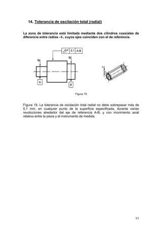 14. Tolerancia de oscilación total (radial)
La zona de tolerancia está limitada mediante dos cilindros coaxiales de
diferencia entre radios –t-, cuyos ejes coinciden con el de referencia.
Figura 19
Figura 19. La tolerancia de oscilación total radial no debe sobrepasar más de
0,1 mm, en cualquier punto de la superficie especificada, durante varias
revoluciones alrededor del eje de referencia A-B, y con movimiento axial
relativo entre la pieza y el instrumento de medida.
11
 