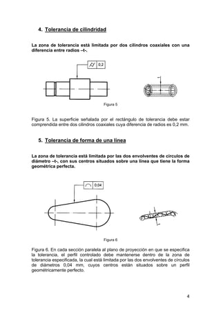 4. Tolerancia de cilindridad
La zona de tolerancia está limitada por dos cilindros coaxiales con una
diferencia entre radios –t-.
Figura 5
Figura 5. La superficie señalada por el rectángulo de tolerancia debe estar
comprendida entre dos cilindros coaxiales cuya diferencia de radios es 0,2 mm.
5. Tolerancia de forma de una línea
La zona de tolerancia está limitada por las dos envolventes de círculos de
diámetro –t-, con sus centros situados sobre una línea que tiene la forma
geométrica perfecta.
Figura 6
Figura 6. En cada sección paralela al plano de proyección en que se especifica
la tolerancia, el perfil controlado debe mantenerse dentro de la zona de
tolerancia especificada, la cual está limitada por las dos envolventes de círculos
de diámetros 0,04 mm, cuyos centros están situados sobre un perfil
geométricamente perfecto.
4
 