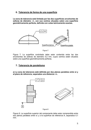 6. Tolerancia de forma de una superficie
La zona de tolerancia está limitada por las dos superficies envolventes de
esferas de diámetro –t-, con sus centros situados sobre una superficie
geométricamente perfecta, definida con cotas teóricamente exactas.
Figura 7
Figura 7. La superficie controlada debe estar contenida entre las dos
envolventes de esferas de diámetro 0,2 mm, cuyos centros están situados
sobre una superficie geométricamente perfecta.
7. Tolerancia de paralelismo
a) La zona de tolerancia está definida por dos planos paralelos entre sí y
al plano de referencia, separados una distancia –t-.
Figura 8
Figura 8. La superficie superior del componente debe estar comprendida entre
dos planos paralelos entre sí y a la superficie de referencia A, separados 0,1
mm.
5
 