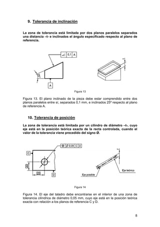 9. Tolerancia de inclinación
La zona de tolerancia está limitada por dos planos paralelos separados
una distancia –t- e inclinados el ángulo especificado respecto al plano de
referencia.
Figura 13
Figura 13. El plano inclinado de la pieza debe estar comprendido entre dos
planos paralelos entre sí, separados 0,1 mm, e inclinados 25º respecto al plano
de referencia A.
10. Tolerancia de posición
La zona de tolerancia está limitada por un cilindro de diámetro –t-, cuyo
eje está en la posición teórica exacta de la recta controlada, cuando el
valor de la tolerancia viene precedido del signo Ø.
Figura 14
Figura 14. El eje del taladro debe encontrarse en el interior de una zona de
tolerancia cilíndrica de diámetro 0,05 mm, cuyo eje está en la posición teórica
exacta con relación a los planos de referencia C y D.
8
 