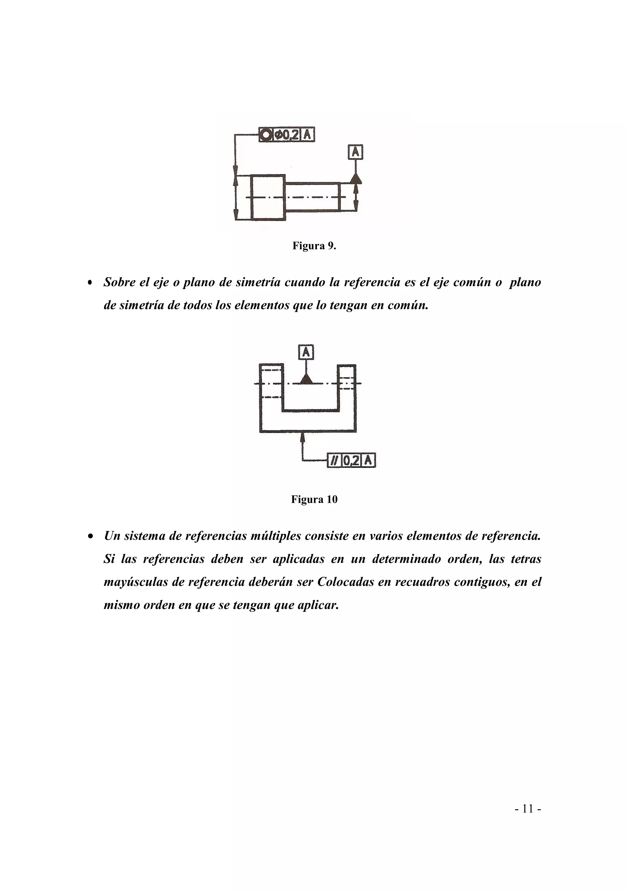 Figura 9.

• Sobre el eje o plano de simetría cuando la referencia es el eje común o plano
de simetría de todos los elementos que lo tengan en común.

Figura 10

• Un sistema de referencias múltiples consiste en varios elementos de referencia.
Si las referencias deben ser aplicadas en un determinado orden, las tetras
mayúsculas de referencia deberán ser Colocadas en recuadros contiguos, en el
mismo orden en que se tengan que aplicar.

- 11 -

 