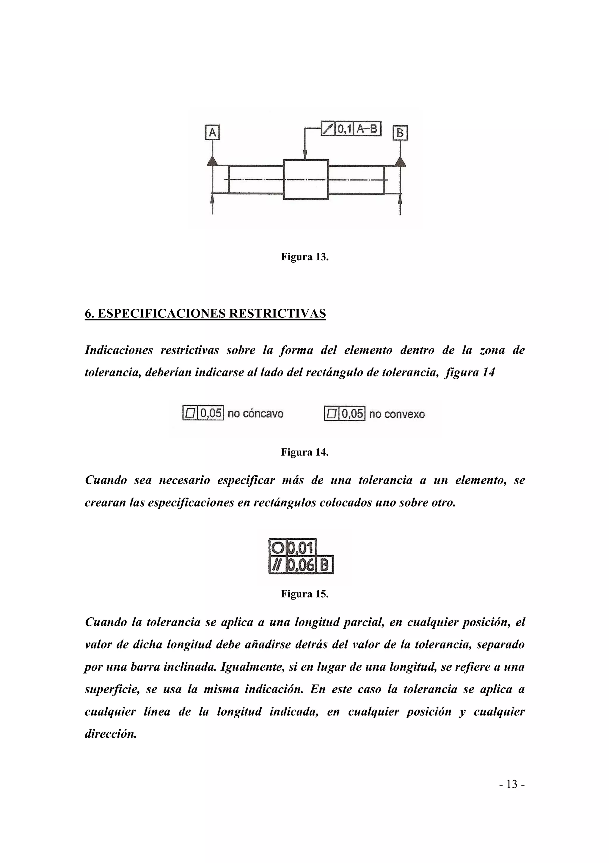 Figura 13.

6. ESPECIFICACIONES RESTRICTIVAS
Indicaciones restrictivas sobre la forma del elemento dentro de la zona de
tolerancia, deberían indicarse al lado del rectángulo de tolerancia, figura 14

Figura 14.

Cuando sea necesario especificar más de una tolerancia a un elemento, se
crearan las especificaciones en rectángulos colocados uno sobre otro.

Figura 15.

Cuando la tolerancia se aplica a una longitud parcial, en cualquier posición, el
valor de dicha longitud debe añadirse detrás del valor de la tolerancia, separado
por una barra inclinada. Igualmente, si en lugar de una longitud, se refiere a una
superficie, se usa la misma indicación. En este caso la tolerancia se aplica a
cualquier línea de la longitud indicada, en cualquier posición y cualquier
dirección.

- 13 -

 
