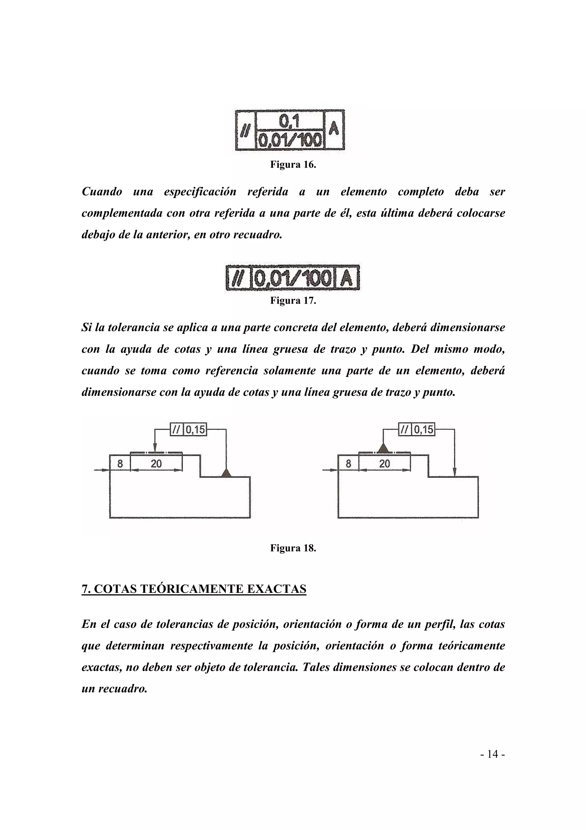 Figura 16.

Cuando una especificación referida a un elemento completo deba ser
complementada con otra referida a una parte de él, esta última deberá colocarse
debajo de la anterior, en otro recuadro.

Figura 17.

Si la tolerancia se aplica a una parte concreta del elemento, deberá dimensionarse
con la ayuda de cotas y una línea gruesa de trazo y punto. Del mismo modo,
cuando se toma como referencia solamente una parte de un elemento, deberá
dimensionarse con la ayuda de cotas y una línea gruesa de trazo y punto.

Figura 18.

7. COTAS TEÓRICAMENTE EXACTAS
En el caso de tolerancias de posición, orientación o forma de un perfil, las cotas
que determinan respectivamente la posición, orientación o forma teóricamente
exactas, no deben ser objeto de tolerancia. Tales dimensiones se colocan dentro de
un recuadro.

- 14 -

 