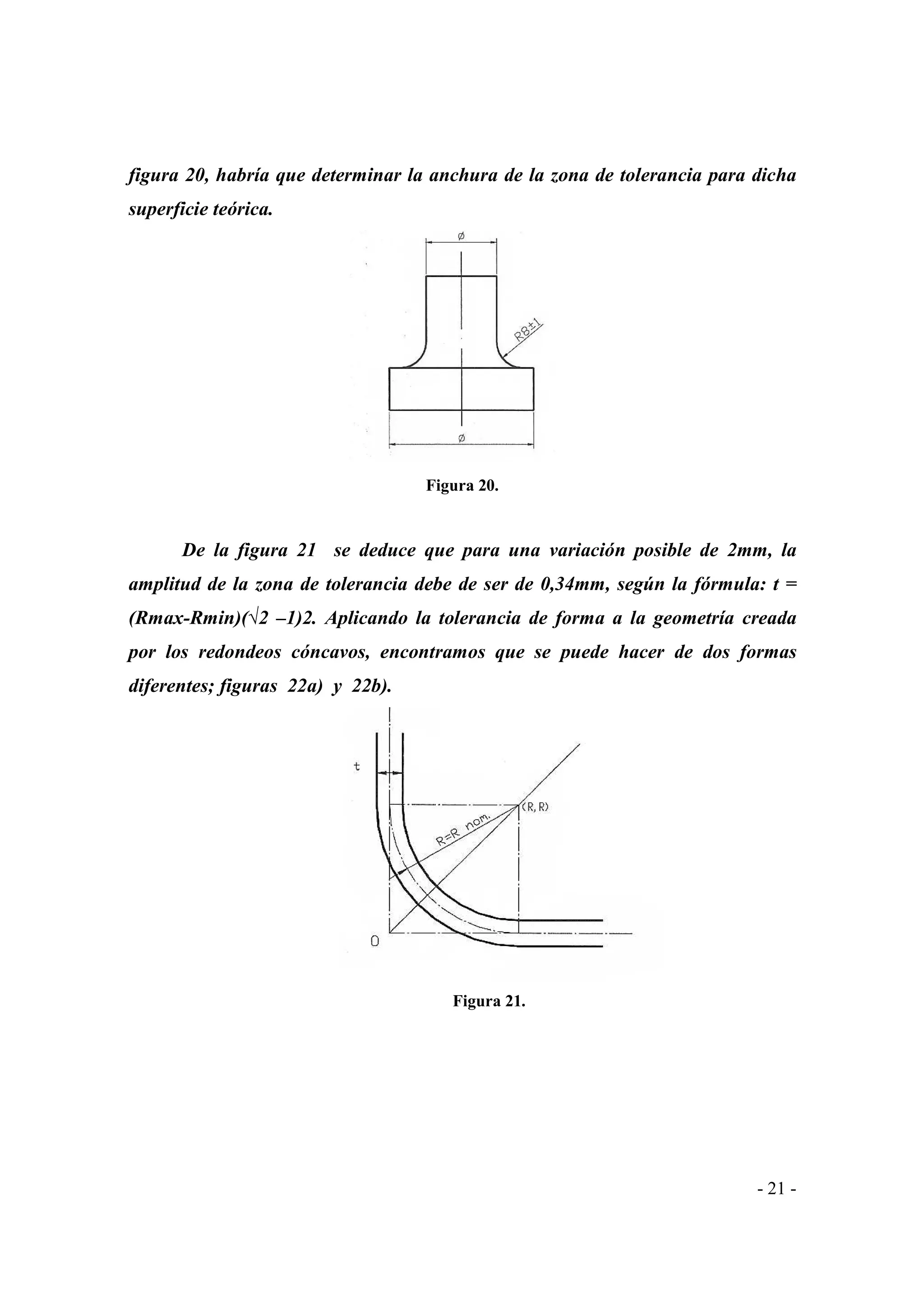 figura 20, habría que determinar la anchura de la zona de tolerancia para dicha
superficie teórica.

Figura 20.

De la figura 21 se deduce que para una variación posible de 2mm, la
amplitud de la zona de tolerancia debe de ser de 0,34mm, según la fórmula: t =
(Rmax-Rmin)(√2 –1)2. Aplicando la tolerancia de forma a la geometría creada
por los redondeos cóncavos, encontramos que se puede hacer de dos formas
diferentes; figuras 22a) y 22b).

Figura 21.

- 21 -

 