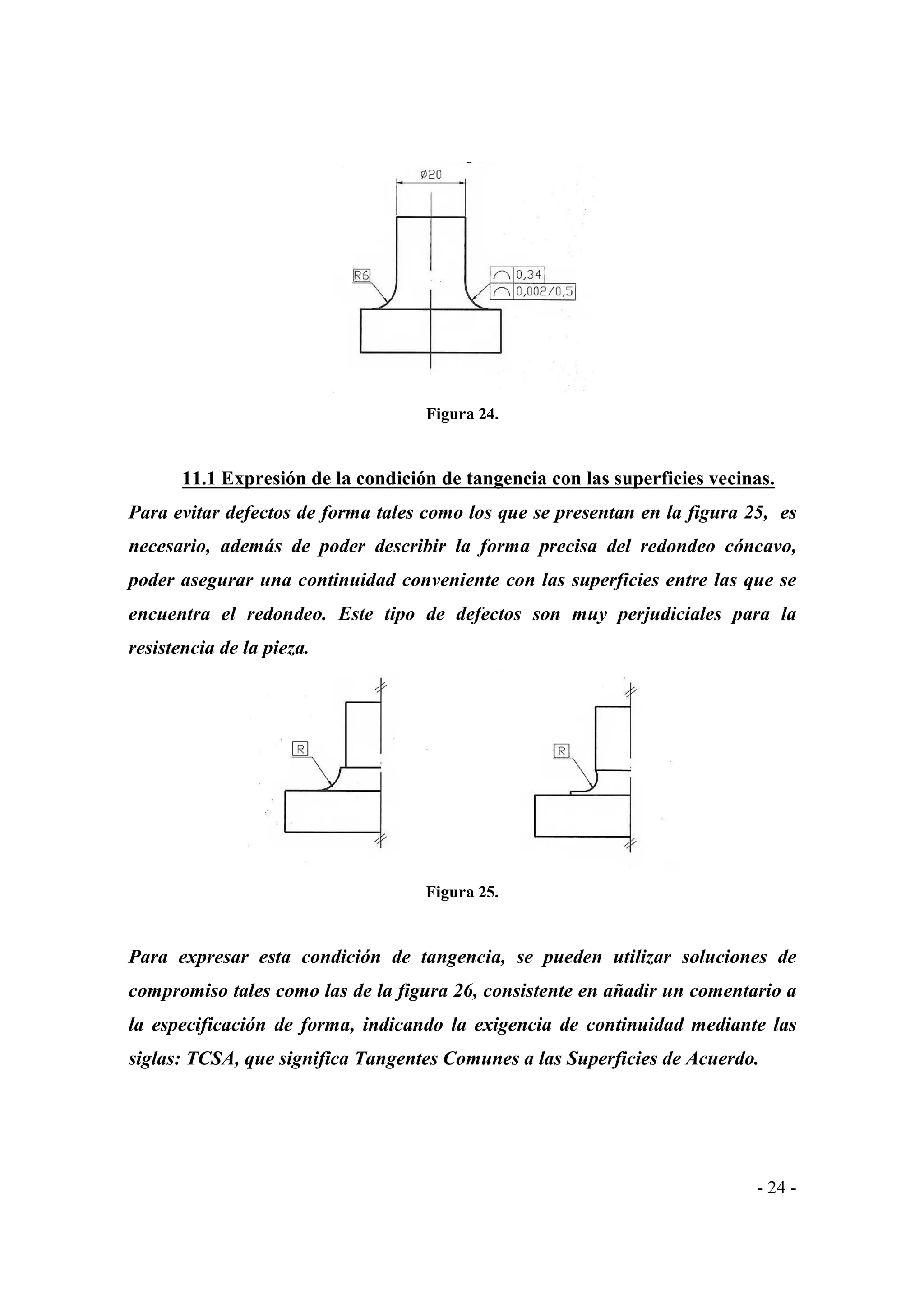 Figura 24.

11.1 Expresión de la condición de tangencia con las superficies vecinas.
Para evitar defectos de forma tales como los que se presentan en la figura 25, es
necesario, además de poder describir la forma precisa del redondeo cóncavo,
poder asegurar una continuidad conveniente con las superficies entre las que se
encuentra el redondeo. Este tipo de defectos son muy perjudiciales para la
resistencia de la pieza.

Figura 25.

Para expresar esta condición de tangencia, se pueden utilizar soluciones de
compromiso tales como las de la figura 26, consistente en añadir un comentario a
la especificación de forma, indicando la exigencia de continuidad mediante las
siglas: TCSA, que significa Tangentes Comunes a las Superficies de Acuerdo.

- 24 -

 