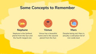 Neptune is the farthest
planet from the Sun and
the fourth-largest one
Venus has a beautiful
name and is the second
planet from the Sun
Despite being red, Mars is
actually a cold place full of
iron oxide dust
Neptune
Some Concepts to Remember
Venus Mars
 
