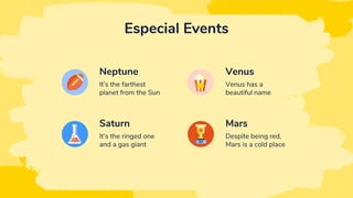 Especial Events
It’s the farthest
planet from the Sun
Despite being red,
Mars is a cold place
Neptune
Mars
It’s the ringed one
and a gas giant
Venus has a
beautiful name
Saturn
Venus
 
