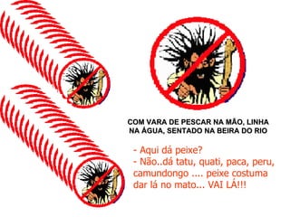 COM VARA DE PESCAR NA MÃO, LINHA NA ÁGUA, SENTADO NA BEIRA DO RIO - Aqui dá peixe? - Não..dá tatu, quati, paca, peru, camundongo .... peixe costuma dar lá no mato... VAI LÁ!!! 