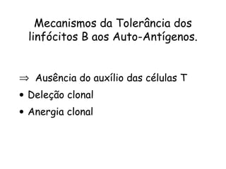 Mecanismos da Tolerância dos linfócitos B aos Auto-Antígenos. Ausência do auxílio das células T Deleção clonal Anergia clonal 