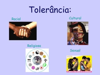 Tolerância:
Racial               Cultural




         Religiosa
                     Sexual
 
