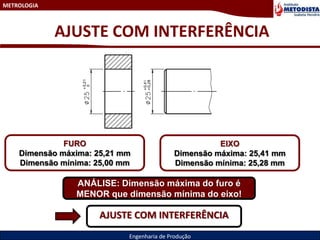 METROLOGIA
Engenharia de Produção
AJUSTE COM INTERFERÊNCIA
FURO
Dimensão máxima: 25,21 mm
Dimensão mínima: 25,00 mm
EIXO
Dimensão máxima: 25,41 mm
Dimensão mínima: 25,28 mm
ANÁLISE: Dimensão máxima do furo é
MENOR que dimensão mínima do eixo!
AJUSTE COM INTERFERÊNCIA
 