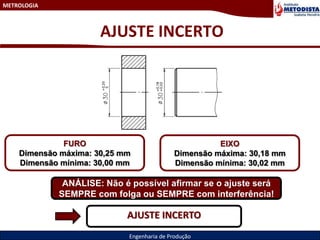 METROLOGIA
Engenharia de Produção
AJUSTE INCERTO
FURO
Dimensão máxima: 30,25 mm
Dimensão mínima: 30,00 mm
EIXO
Dimensão máxima: 30,18 mm
Dimensão mínima: 30,02 mm
ANÁLISE: Não é possível afirmar se o ajuste será
SEMPRE com folga ou SEMPRE com interferência!
AJUSTE INCERTO
 