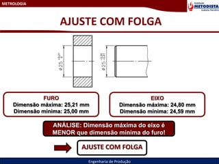 METROLOGIA
Engenharia de Produção
AJUSTE COM FOLGA
FURO
Dimensão máxima: 25,21 mm
Dimensão mínima: 25,00 mm
EIXO
Dimensão máxima: 24,80 mm
Dimensão mínima: 24,59 mm
ANÁLISE: Dimensão máxima do eixo é
MENOR que dimensão mínima do furo!
AJUSTE COM FOLGA
 