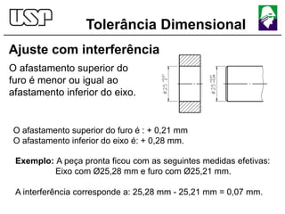 Tolerância Dimensional
Ajuste com interferência
O afastamento superior do
furo é menor ou igual ao
afastamento inferior do eixo.
O afastamento superior do furo é : + 0,21 mm
O afastamento inferior do eixo é: + 0,28 mm.
Exemplo: A peça pronta ficou com as seguintes medidas efetivas:
Eixo com Ø25,28 mm e furo com Ø25,21 mm.
A interferência corresponde a: 25,28 mm - 25,21 mm = 0,07 mm.
 