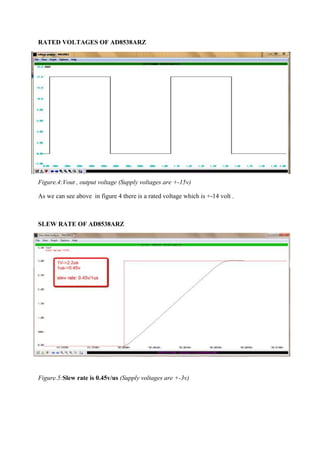 RATED VOLTAGES OF AD8538ARZ

Figure.4:Vout , output voltage (Supply voltages are +-15v)
As we can see above in figure 4 there is a rated voltage which is +-14 volt .

SLEW RATE OF AD8538ARZ

Figure.5:Slew rate is 0.45v/us (Supply voltages are +-3v)

 