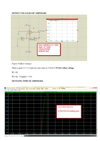 OFFSET VOLTAGES OF AD8538ARZ

Figure.8 Offset voltages
There is gain 1/1+1=2 and our vout value is 115uV/2=57.5uV offset voltage
R1=1K
R2=1K Vsupply=+-15v
SETTLING TIME OF AD8538ARZ

 