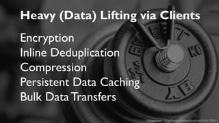 Koukouvaya / flickr.com/photos/jackoughton/6535137981/
Heavy (Data) Lifting via Clients
Encryption
Inline Deduplication
Compression
Persistent Data Caching
Bulk DataTransfers
 