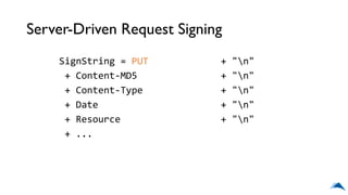 Server-Driven Request Signing
SignString = PUT + "n"
+ Content-MD5 + "n"
+ Content-Type + "n"
+ Date + "n"
+ Resource + "n"
+ ...
 