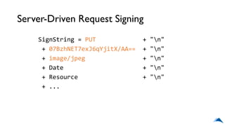 Server-Driven Request Signing
SignString = PUT + "n"
+ 07BzhNET7exJ6qYjitX/AA== + "n"
+ image/jpeg + "n"
+ Date + "n"
+ Resource + "n"
+ ...
 