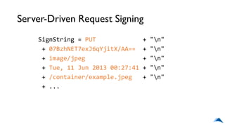 Server-Driven Request Signing
SignString = PUT + "n"
+ 07BzhNET7exJ6qYjitX/AA== + "n"
+ image/jpeg + "n"
+ Tue, 11 Jun 2013 00:27:41 + "n"
+ /container/example.jpeg + "n"
+ ...
 