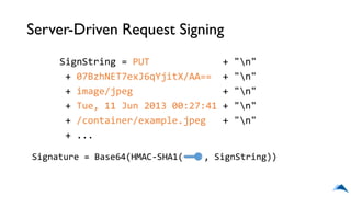 Server-Driven Request Signing
SignString = PUT + "n"
+ 07BzhNET7exJ6qYjitX/AA== + "n"
+ image/jpeg + "n"
+ Tue, 11 Jun 2013 00:27:41 + "n"
+ /container/example.jpeg + "n"
+ ...
Signature = Base64(HMAC-SHA1( , SignString))
 