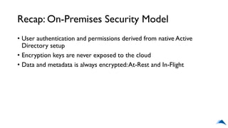 Recap: On-Premises Security Model
• User authentication and permissions derived from native Active
Directory setup
• Encryption keys are never exposed to the cloud
• Data and metadata is always encrypted:At-Rest and In-Flight
 