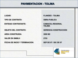 LUGAR:                           FLANDES - TOLIMA

TIPO DE CONTRATO:                OBRA PUBLICA

ENTIDAD CONTRATANTE:             CAMACOL-REGIONAL
                                 TOLIMA

OBJETO DEL CONTRATO:             GERENCIA CONSTRUCCION

AREA CONSTRUIDA:                 3000 M2

VALOR EN SMMLV:                  2753

FECHA DE INICIO Y TERMINACION:   SEP DE 07 / DIC DE 07
 