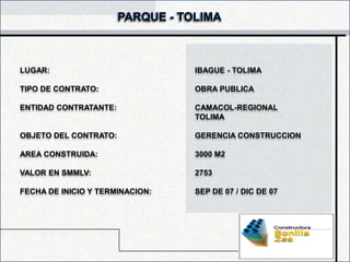 LUGAR:                           IBAGUE - TOLIMA

TIPO DE CONTRATO:                OBRA PUBLICA

ENTIDAD CONTRATANTE:             CAMACOL-REGIONAL
                                 TOLIMA

OBJETO DEL CONTRATO:             GERENCIA CONSTRUCCION

AREA CONSTRUIDA:                 3000 M2

VALOR EN SMMLV:                  2753

FECHA DE INICIO Y TERMINACION:   SEP DE 07 / DIC DE 07
 