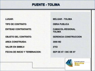 LUGAR:                           MELGAR - TOLIMA

TIPO DE CONTRATO:                OBRA PUBLICA

ENTIDAD CONTRATANTE:             CAMACOL-REGIONAL
                                 TOLIMA

OBJETO DEL CONTRATO:             GERENCIA CONSTRUCCION

AREA CONSTRUIDA:                 3000 M2

VALOR EN SMMLV:                  2753

FECHA DE INICIO Y TERMINACION:   SEP DE 07 / DIC DE 07
 