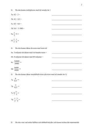 2
G Du ska kunna multiplicera med tal mindre än 1
5a. 0,3 ⋅ 2 = ________________________________
5b. 0,3 ⋅ 0,2 = ________________________________
5c. 0,5 ⋅ 0,6 = ________________________________
5d. 0,4 ⋅ 11 000 = ________________________________
5e. =⋅6
2
1
________________________________
5f. =⋅
6
1
2
1
________________________________
G Du ska kunna räkna division med stora tal
6a. 3 miljoner dividerat med två hundra tusen = ________________________________
6b. 8 miljoner dividerat med 40 miljoner = ________________________________
6c. =
6000
54000
________________________________
6d. =
4000
8000
________________________________
G Du ska kunna räkna innehållsdivision (division med tal mindre än 1)
7a. =
5,0
8
________________________________
7b. =
2,0
5
________________________________
7c. =
2
1
6 ________________________________
7d. =
4
1
2
1
________________________________
G Du ska veta vad orden hälften och dubbelt betyder och kunna teckna det matematiskt
 