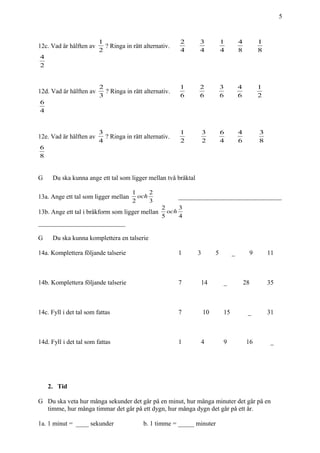 5
12c. Vad är hälften av
2
1
? Ringa in rätt alternativ.
4
2
4
3
4
1
8
4
8
1
2
4
12d. Vad är hälften av
3
2
? Ringa in rätt alternativ.
6
1
6
2
6
3
6
4
2
1
4
6
12e. Vad är hälften av
4
3
? Ringa in rätt alternativ.
2
1
2
3
4
6
6
4
8
3
8
6
G Du ska kunna ange ett tal som ligger mellan två bråktal
13a. Ange ett tal som ligger mellan
3
2
2
1
och ________________________________
13b. Ange ett tal i bråkform som ligger mellan
4
3
5
2
och
___________________________
G Du ska kunna komplettera en talserie
14a. Komplettera följande talserie 1 3 5 _ 9 11
14b. Komplettera följande talserie 7 14 _ 28 35
14c. Fyll i det tal som fattas 7 10 15 _ 31
14d. Fyll i det tal som fattas 1 4 9 16 _
2. Tid
G Du ska veta hur många sekunder det går på en minut, hur många minuter det går på en
timme, hur många timmar det går på ett dygn, hur många dygn det går på ett år.
1a. 1 minut = ____ sekunder b. 1 timme = _____ minuter
 