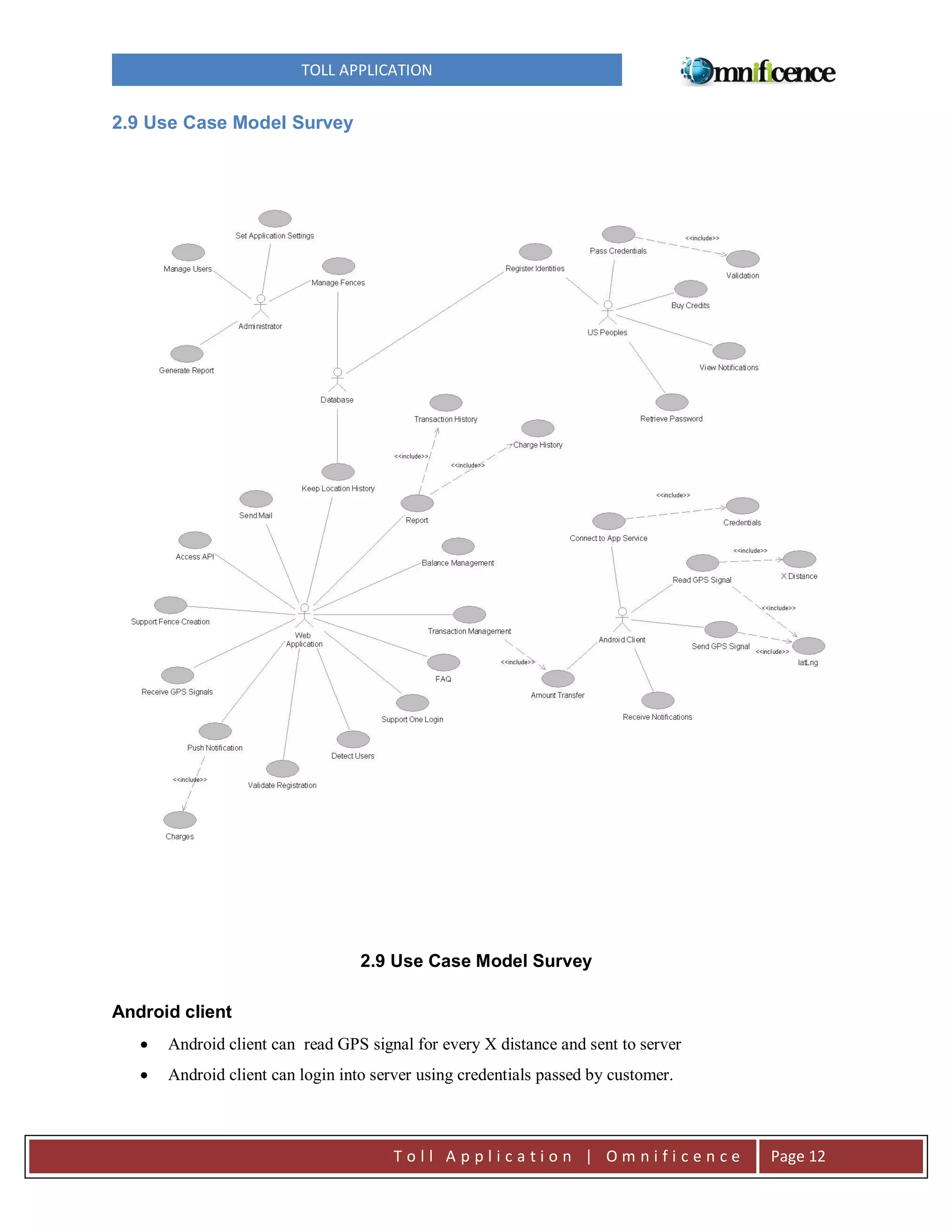 TOLL APPLICATION

2.9 Use Case Model Survey

2.9 Use Case Model Survey
Android client


Android client can read GPS signal for every X distance and sent to server



Android client can login into server using credentials passed by customer.

Toll Application | Omnificence

Page 12

 